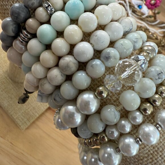 White Beaded Stretch Bracelet Stack Set Of 10 For Women Wearable Or Craft - Picture 8 of 13